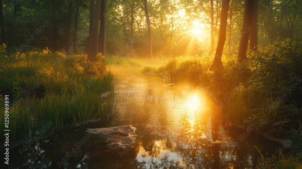 Fototapeta premium Sunrise forest stream mist tranquil nature serenity