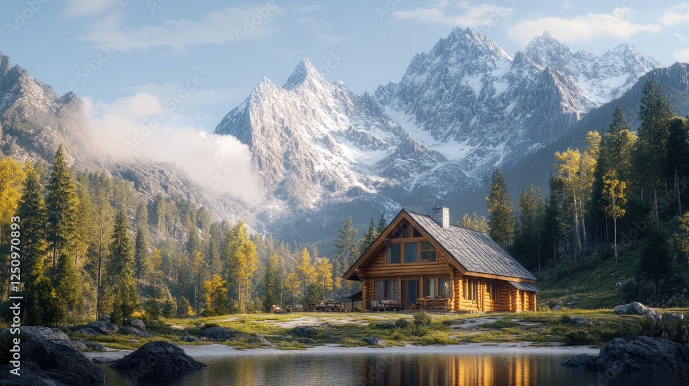 Fototapeta premium Mountain cabin lake autumn reflection