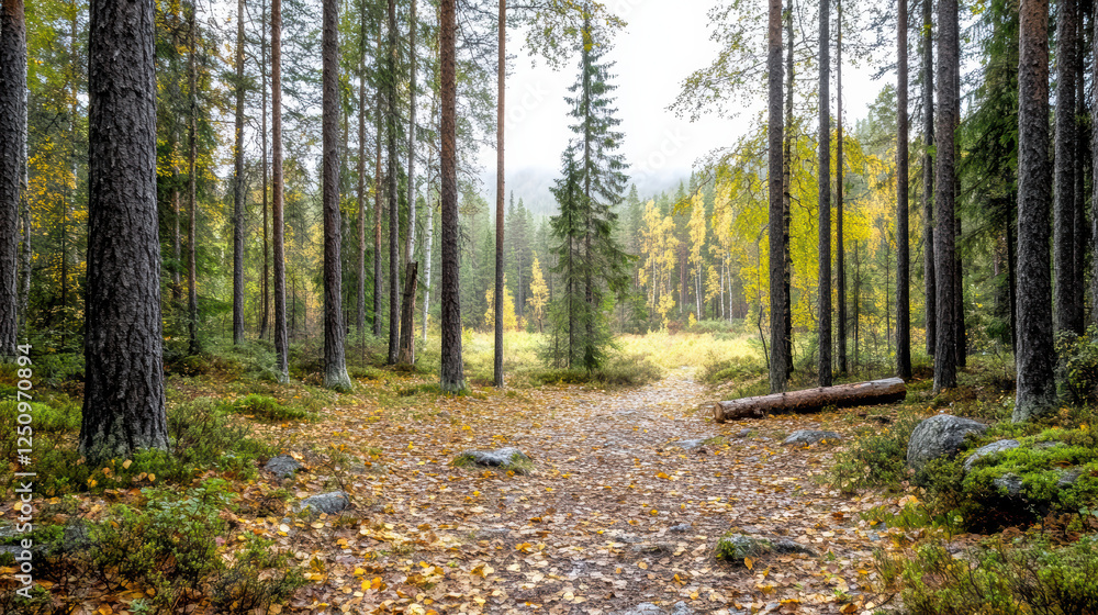 serene forest path surrounded by tall trees and golden autumn leaves serene forest path surrounded by tall trees and golden autumn leaves
