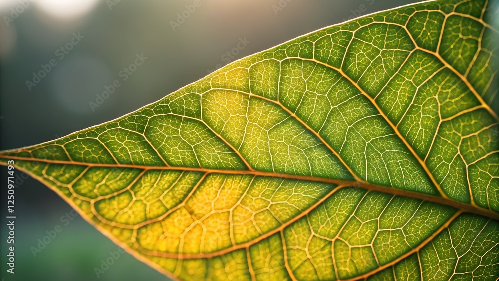 Obraz premium Leaf Vein Details: A close-up reveals the intricate network of veins within a vibrant green leaf, backlit by sunlight, showcasing the beauty of nature's design. 