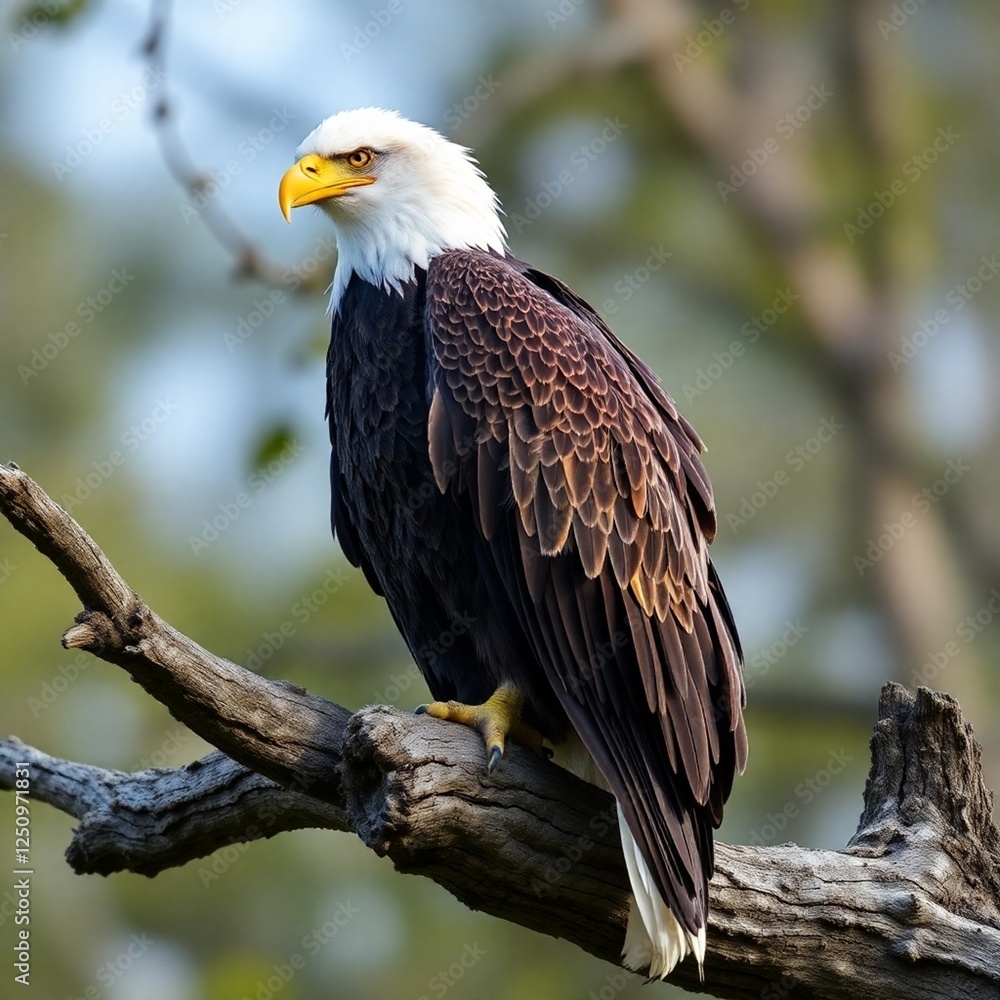 High-resolution stock photo A majestic bald eagle, detailed textured feathers, perched on a weathered tree branch. Commercial quality, professional lighting High-resolution stock photo A majestic bald eagle, detailed textured feathers, perched on a weathered tree branch. Commercial quality, professional lighting