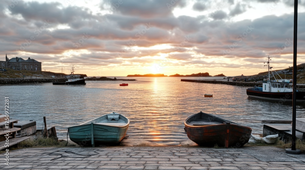 Sunset over a serene harbor with boats and clouds reflecting the light. Sunset over a serene harbor with boats and clouds reflecting the light.