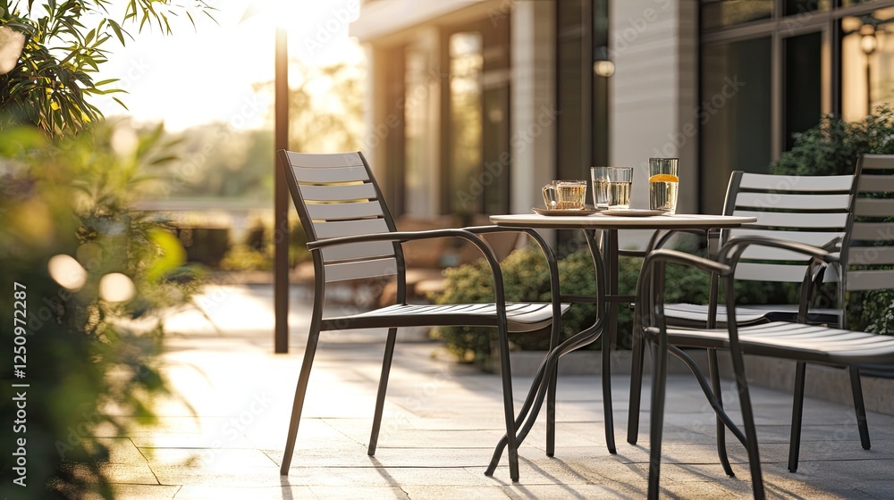Fototapeta premium Tranquil Outdoor Seating Area with Sunlight and Refreshments on a Terrace