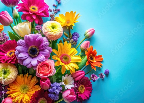 Vivid spring blossoms burst against a serene blue backdrop, perfect for springtime designs.