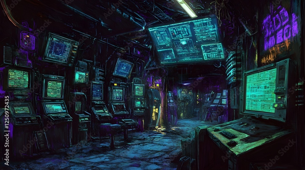 Obraz premium Hideout with Neon Monitors and Hacking Terminals in an Underground Dystopian Setting