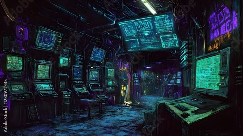Hideout with Neon Monitors and Hacking Terminals in an Underground Dystopian Setting