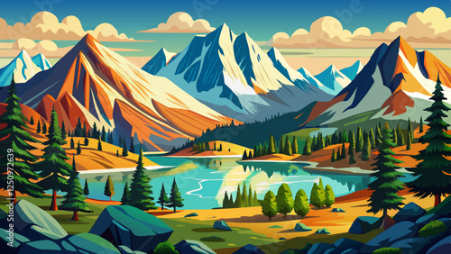 Panorama of eastern Sierra Nevada mountains with peaks of June Lake through pine trees