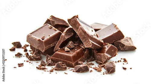 liquid chocolate splash with some pieces of chocolate left isolated on white background