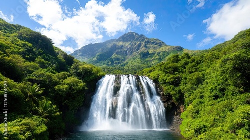 Majestic waterfall in lush tropical landscape.