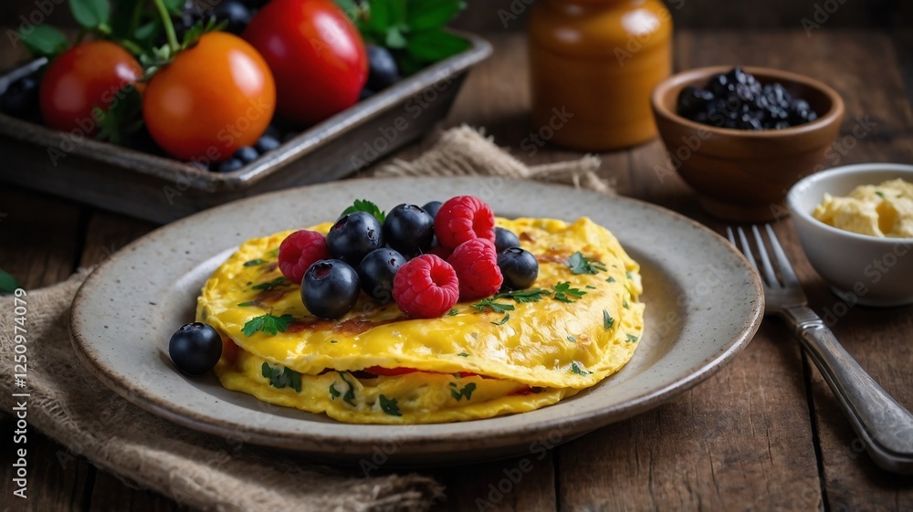 Vibrant Homemade Omelette with Fresh Berries and Tomatoes for a Delicious Healthy Breakfast Vibrant Homemade Omelette with Fresh Berries and Tomatoes for a Delicious Healthy Breakfast