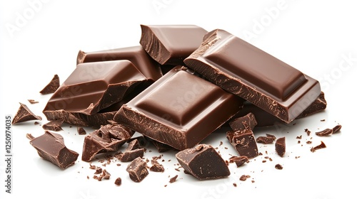 liquid chocolate splash with some pieces of chocolate left isolated on white background