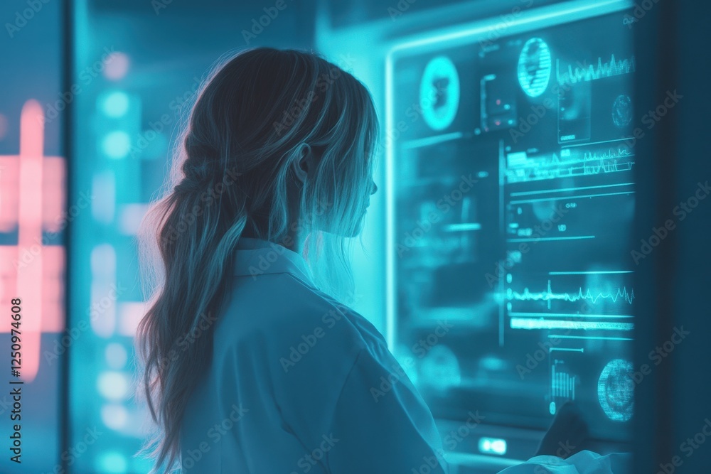 Female doctor analyzing patient data on a holographic screen, soft teal and deep navy hues for a futuristic medical theme Female doctor analyzing patient data on a holographic screen, soft teal and deep navy hues for a futuristic medical theme