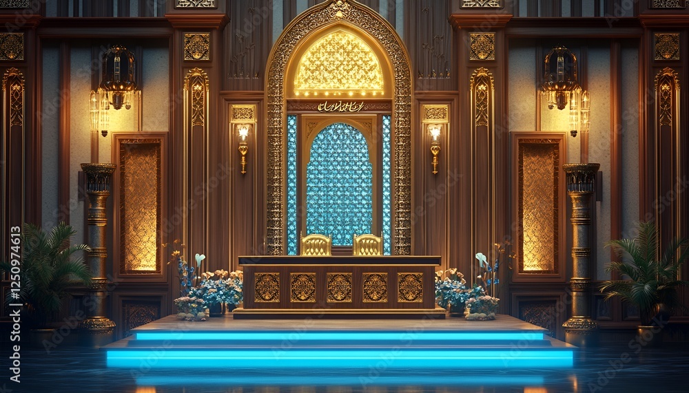 Fototapeta premium An elegant Ramadan podium adorned with golden accents, detailed woodwork, and a soft blue light ambiance