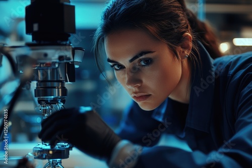 Female scientist working with a robotic arm in a biotechnology lab, cool silver and rich indigo tones for innovation