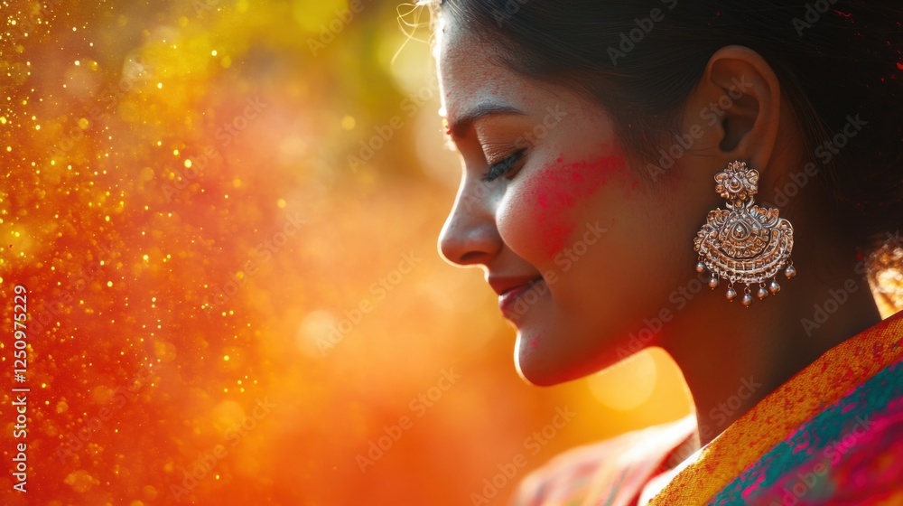 Side profile of an Indian woman in a multicolored sari, her silver earrings dusted with Holi powders as she twirls. Created with generative AI. Side profile of an Indian woman in a multicolored sari, her silver earrings dusted with Holi powders as she twirls. Created with generative AI.