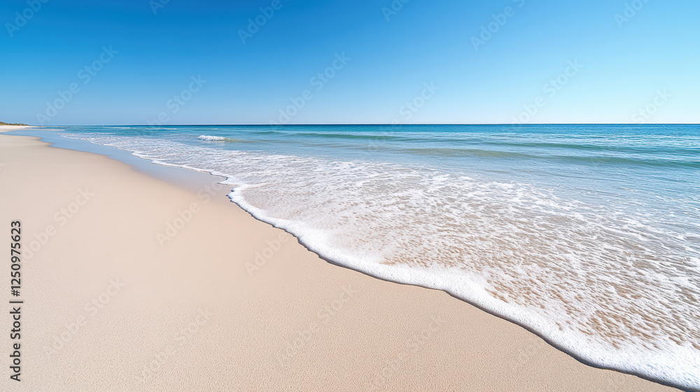 high angle view of pristine beach with gentle waves and clear skies high angle view of pristine beach with gentle waves and clear skies