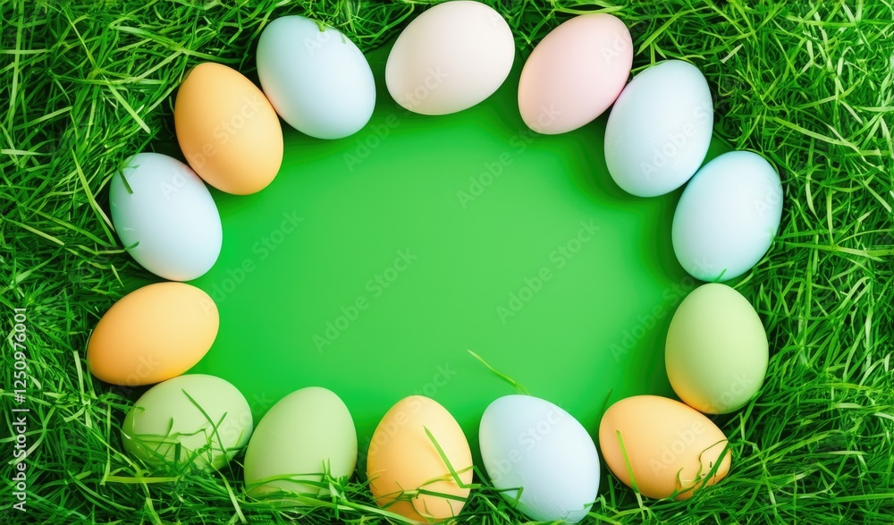 Colorful pastel Easter Egg frame on Green Grass on a Green background. copy space