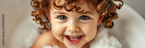 Adorable toddler with curly hair and bright eyes playing in a bubble bath surrounded by foamy suds in a white bathtub, joyful moment, bright eyes, curly hair photo