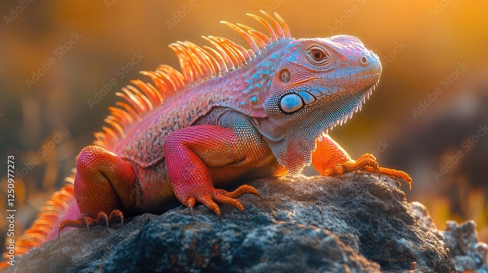 Fototapeta premium A colorful iguana basking on a rock in the bright sunlight