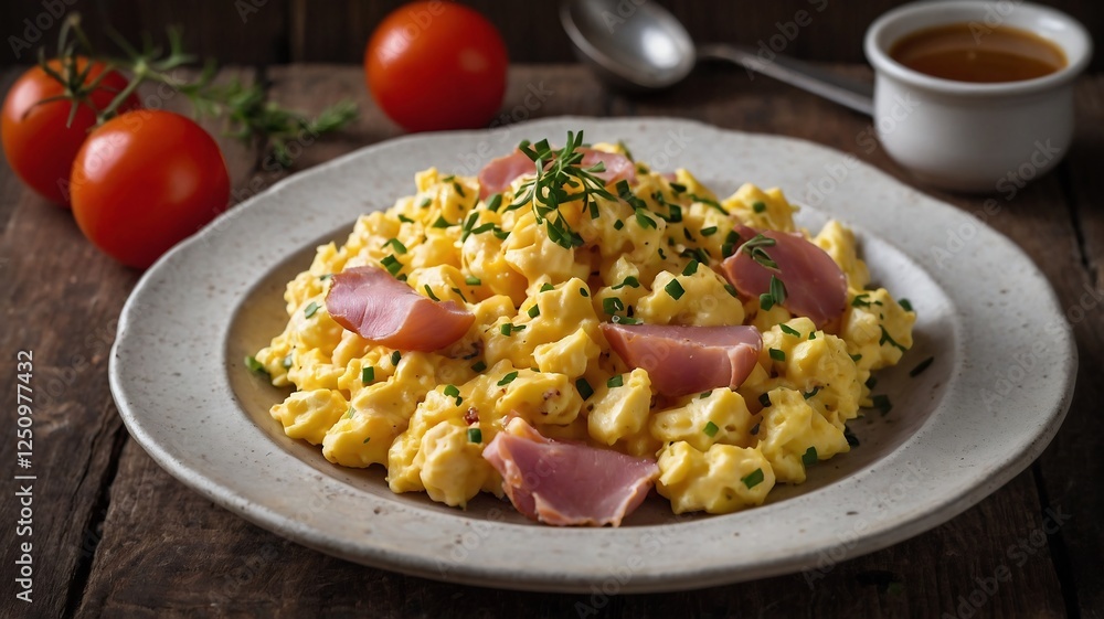 Gourmet Baked Macaroni and Cheese with Ham and Chives on a Colorful Plate Gourmet Baked Macaroni and Cheese with Ham and Chives on a Colorful Plate