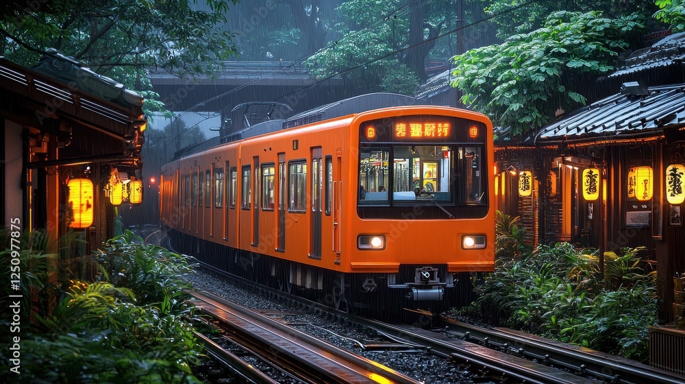 Naklejka premium Orange train passing through lush greenery and traditional buildings at dusk