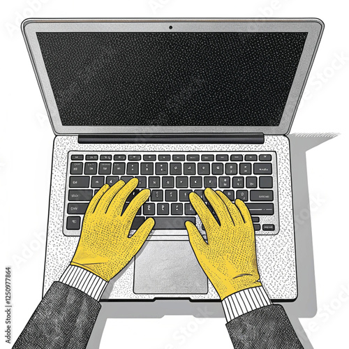 Working on laptop at home office, partial view.Vector illustration isolated on transparent background. 