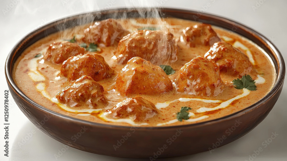 Steaming_pieces_of_tender_chicken_simmer_in_a_creamy,_golden-brown_sauce,_served_on_a_dark_rimmed_dish_with_a_sprinkle_of_fresh_greens. Steaming_pieces_of_tender_chicken_simmer_in_a_creamy,_golden-brown_sauce,_served_on_a_dark_rimmed_dish_with_a_sprinkle_of_fresh_greens.