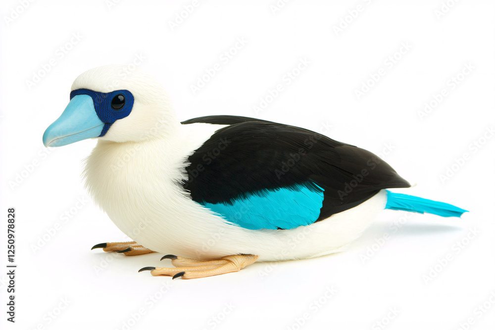 Fototapeta premium Stuffed bird with white head, light blue beak, black and turquoise wing feathers.