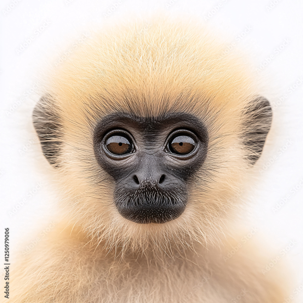 Obraz premium A close-up portrait of a young gibbon with curious, soulful eyes and soft, pale fur against a bright background.