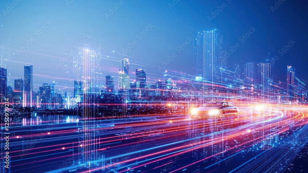 Fototapeta premium Night City Highway with Glowing Car and Data Streams