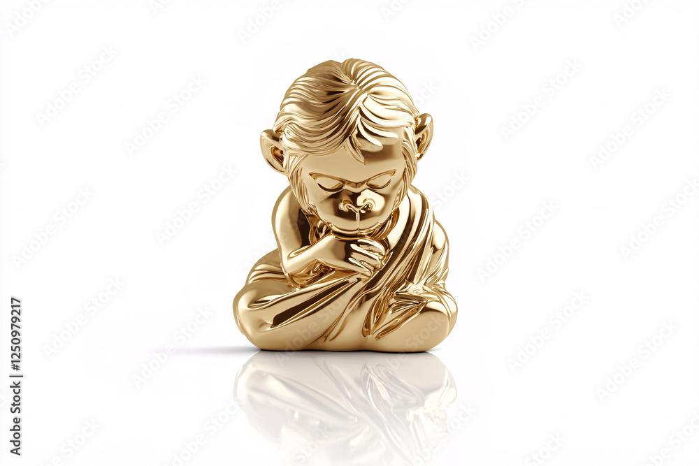 Golden monkey figurine in a meditative pose, glossy finish, sitting on reflective white surface. Golden monkey figurine in a meditative pose, glossy finish, sitting on reflective white surface.
