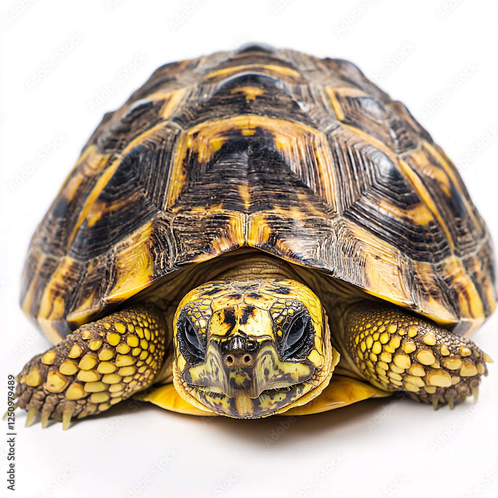 Frontal portrait of a yellow and brown tortoise with textured skin and shell, isolated against a white background.