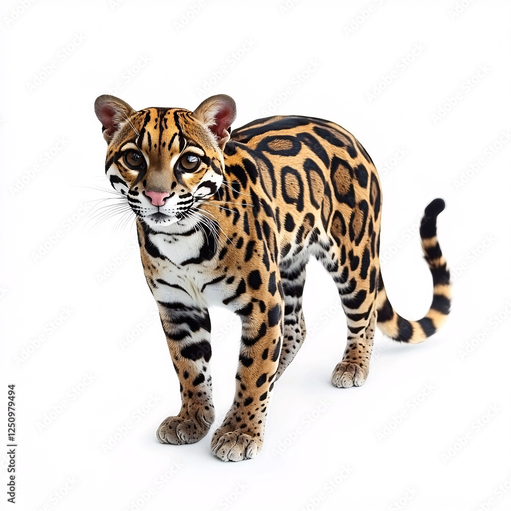 Fototapeta premium Ocelot with spotted, golden fur stares forward on a plain, white background, showcasing its feline features and striking pattern.