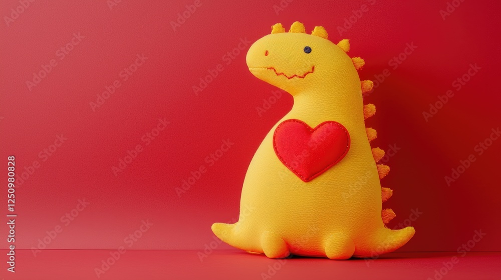 Cute Friendly Dinosaur Plush Toy with Heart on Red Background Cute Friendly Dinosaur Plush Toy with Heart on Red Background