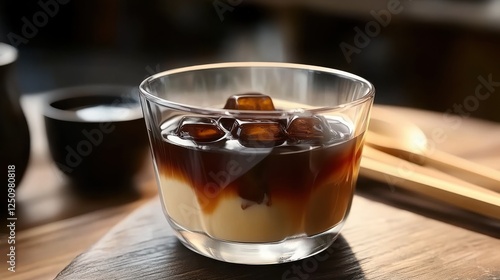 Glass of Japanese Kohi Jelly. Brewed coffee jelly and smooth, chilled coffee. Background of traditional Japanese cafe photo