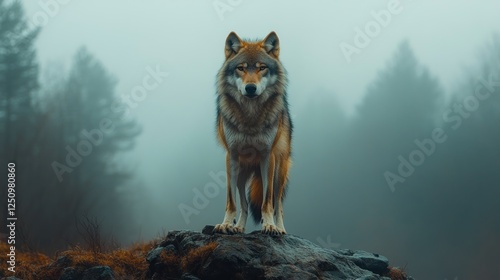 Lone wolf standing on rock, foggy forest photo