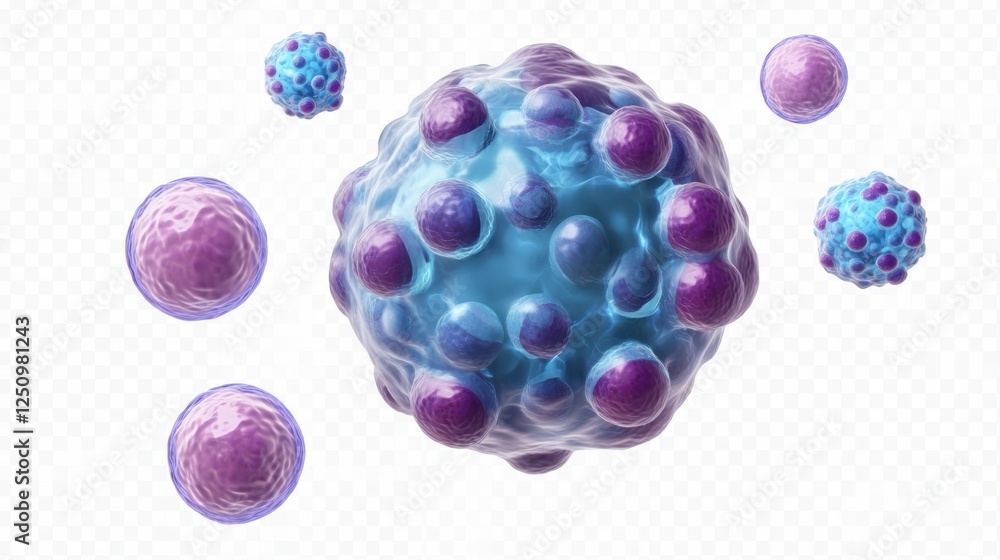 Microscopic view of various cells, including a large central cell with smaller surrounding cells. Microscopic view of various cells, including a large central cell with smaller surrounding cells.