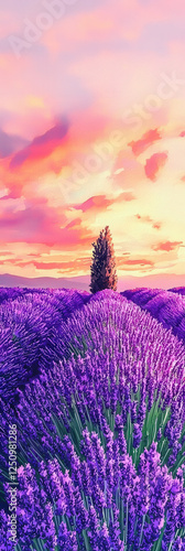 Lavender_field_stretches_to_the_horizon_under_a_colorful _peaceful_sunset_sky_with_a_silhouette_of_a_tree.