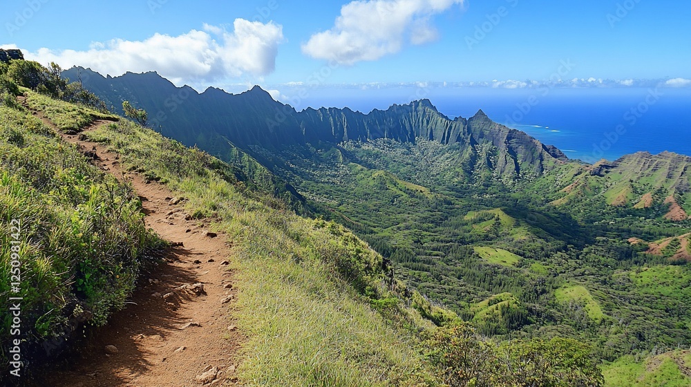 Hiking trail, scenic mountain ridge, ocean view, Kauai Hiking trail, scenic mountain ridge, ocean view, Kauai
