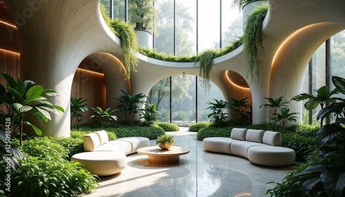 Bionic interior design featuring a lush living space with natural elements and organic shapes for a calming atmosphere
 photo