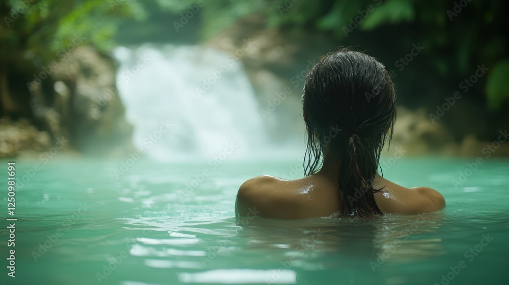Woman enjoying natural hot spring, relaxing in warm water with forest view Woman enjoying natural hot spring, relaxing in warm water with forest view