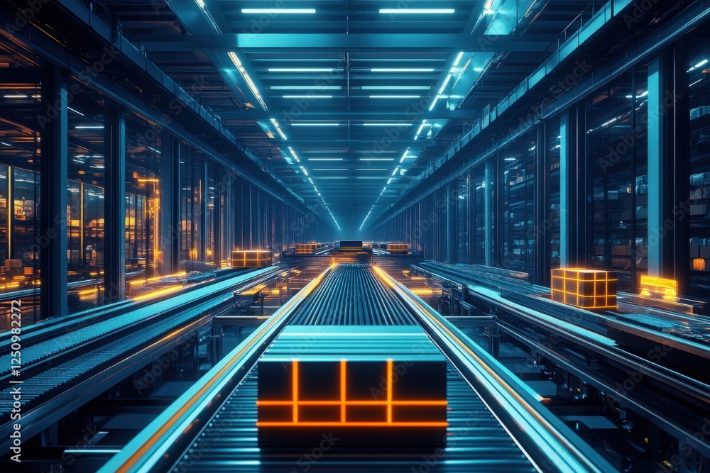 Fototapeta premium Massive industrial warehouse with conveyor belts transporting glowing cobalt blue and amber-colored packages under bright LED lighting