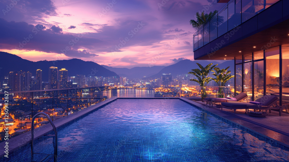 Fototapeta premium Rooftop_infinity_pool_reflecting_a_city_skyline_under_a_vibrant_twilight_sky,_blending_luxury_with_urban_scenery.
