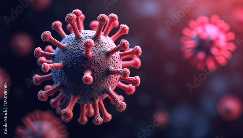 Highly detailed microscopic virus particles, set against a dark, glowing background