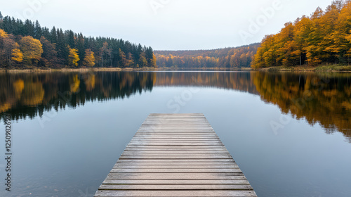 Fototapeta Naklejka Na Ścianę i Meble -  serene lakeside scene with wooden dock surrounded by autumn trees