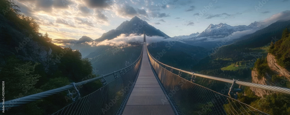 Fototapeta premium Suspension bridge over mountain valley, dramatic sunset sky, misty peaks, panoramic landscape, ethereal light rays, golden hour glow, treacherous heights, breathtaking alpine scenery, long exposure
