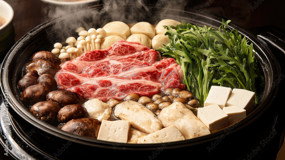 Hot_pot_featuring_beef,_tofu,_mushrooms,_and_greens_arranged_in_a_simmering_broth. Hot_pot_featuring_beef,_tofu,_mushrooms,_and_greens_arranged_in_a_simmering_broth.