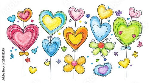 Colorful Hand-Drawn Heart Balloons with Flowers and Decorative Elements
