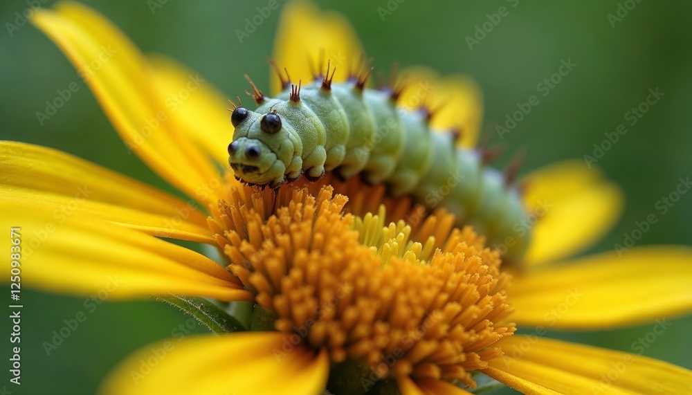 Caterpillar's floral feast, A vibrant macro showcasing nature's harmony Caterpillar's floral feast, A vibrant macro showcasing nature's harmony