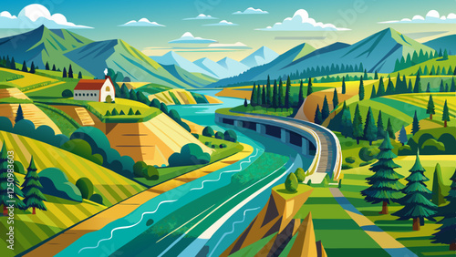 Panorama of tight river valley with cramped railway line and road next to a wide green Sava river close to Hrastnik and Trbovlje.